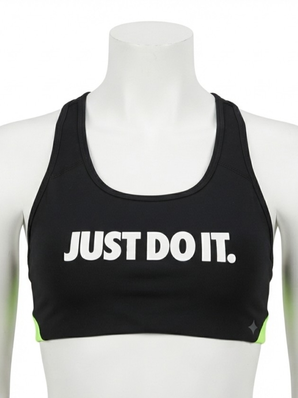 Nike Black Sports Bra with White 'JUST DO IT.' Logo and Neon Accents
